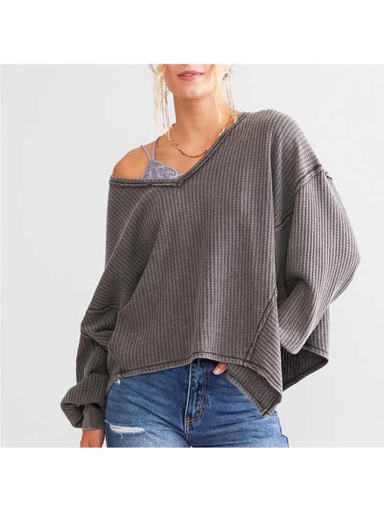 We The Free Sweaters - We The Free Washed Gray Waffle Knit oversized Off-Shoulder Sweater